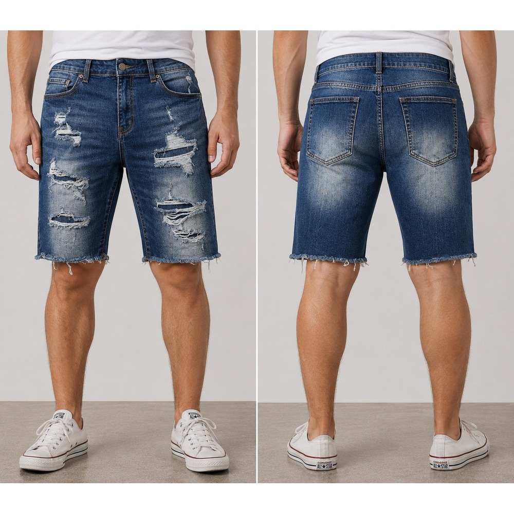 Fashion Nova Men Denim Shorts Size 36 Blue Distressed Raw Hem Medium Wash Jorts